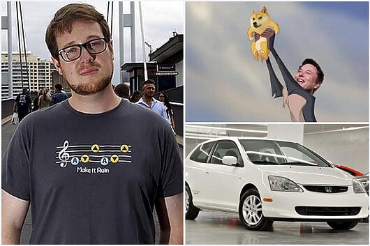 Collage of Billy Markus, Honda civic, and Elon Musk holding Doge like a new lion ling.