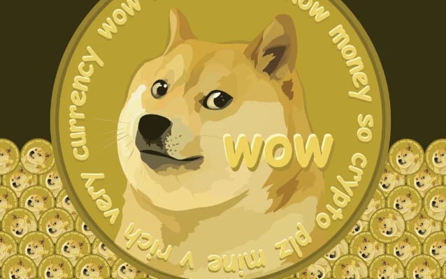 Grand logo Dogecoin avec 'wow' écrit dessus