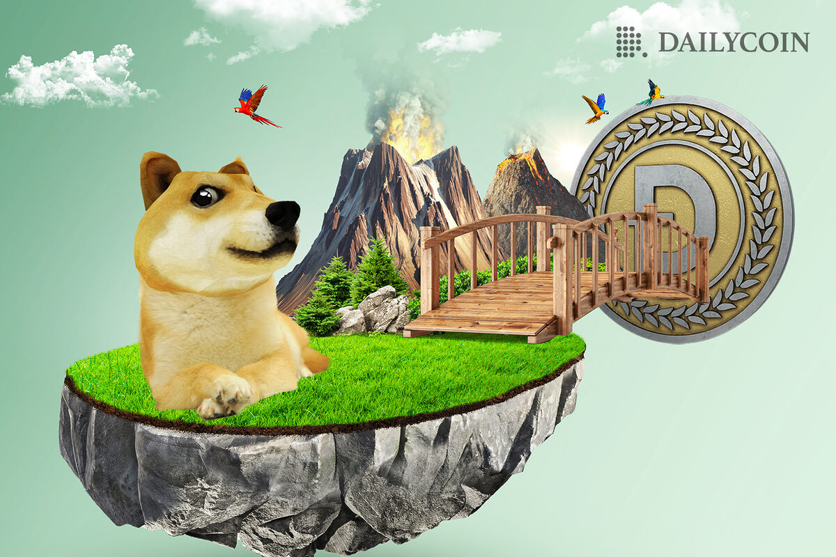 Shiba Inu sitting on a floating island next to a wooden bridge leading towards Dogecoin.