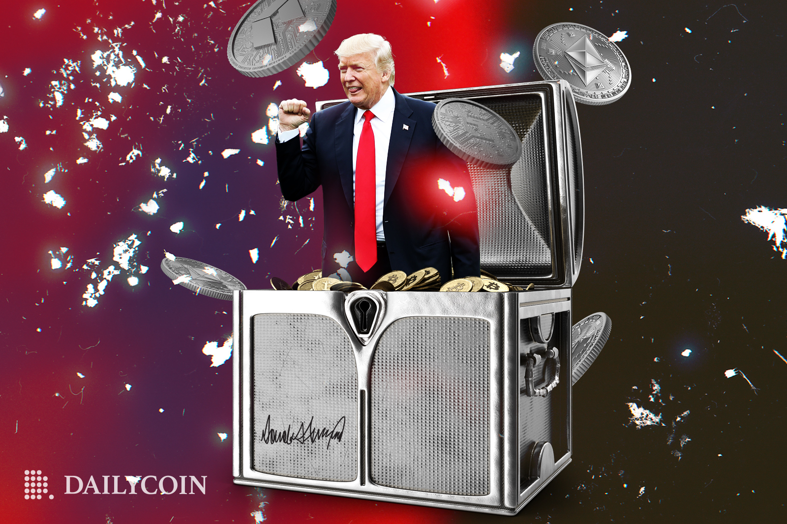 Donald trump hapilly stands inside the metal box full of crypto and coins