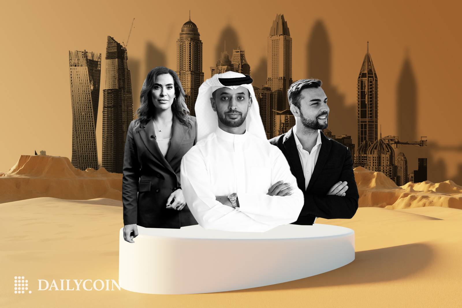 Ahmed Bin Sulayem, and other conference attendees in front of a picture of Dubai.