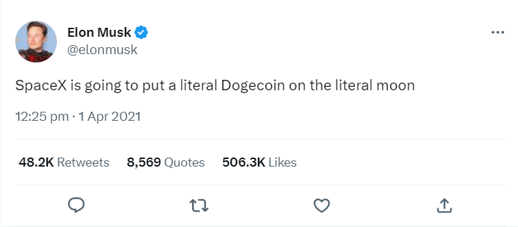 Elon Musk tweet saying he'll put a Dogecoin on the moon