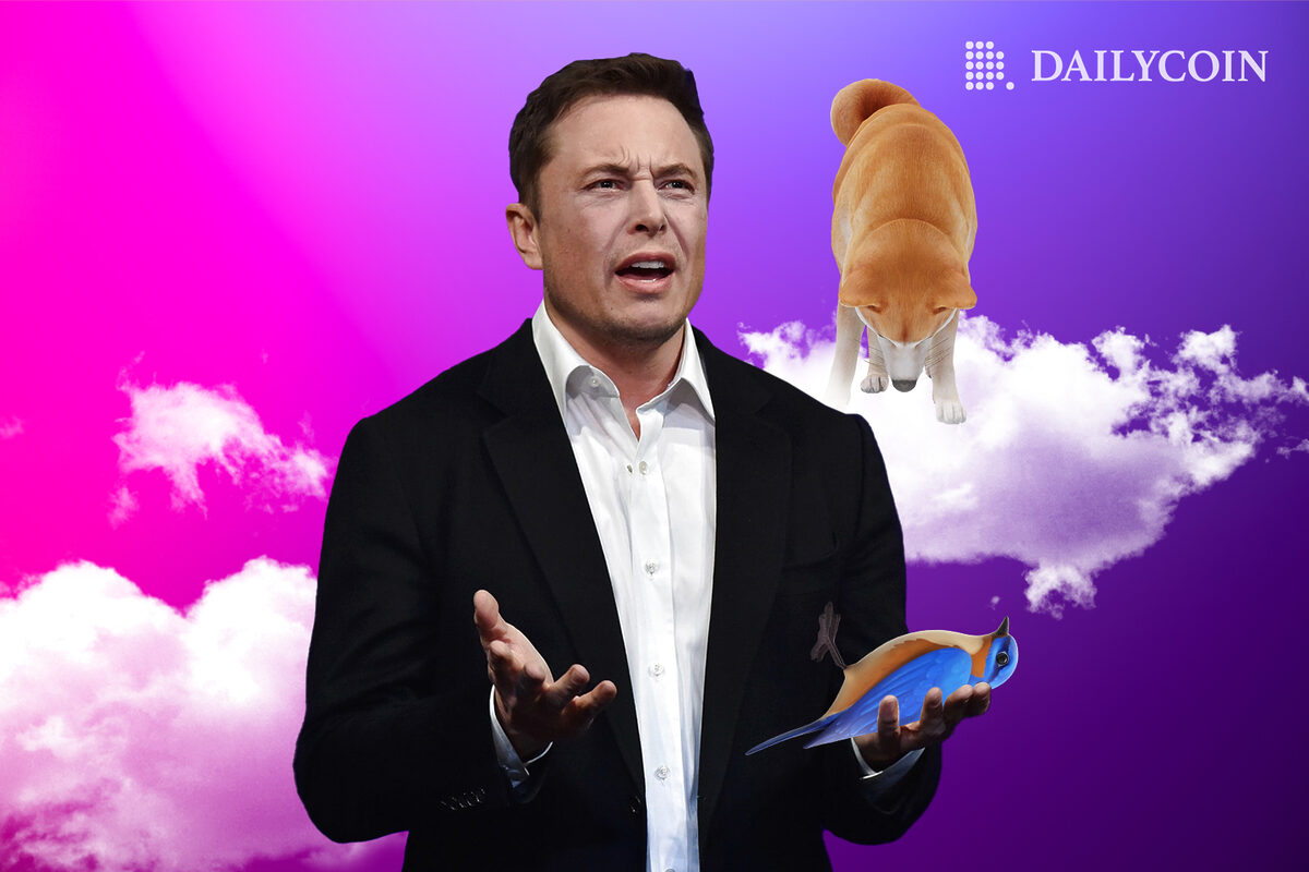 Elon Musk puzzled while holding a dead blue bird in his hands. DOGE mascot Shiba Inu dog is curiously watching the situation from above while standing on a cloud.