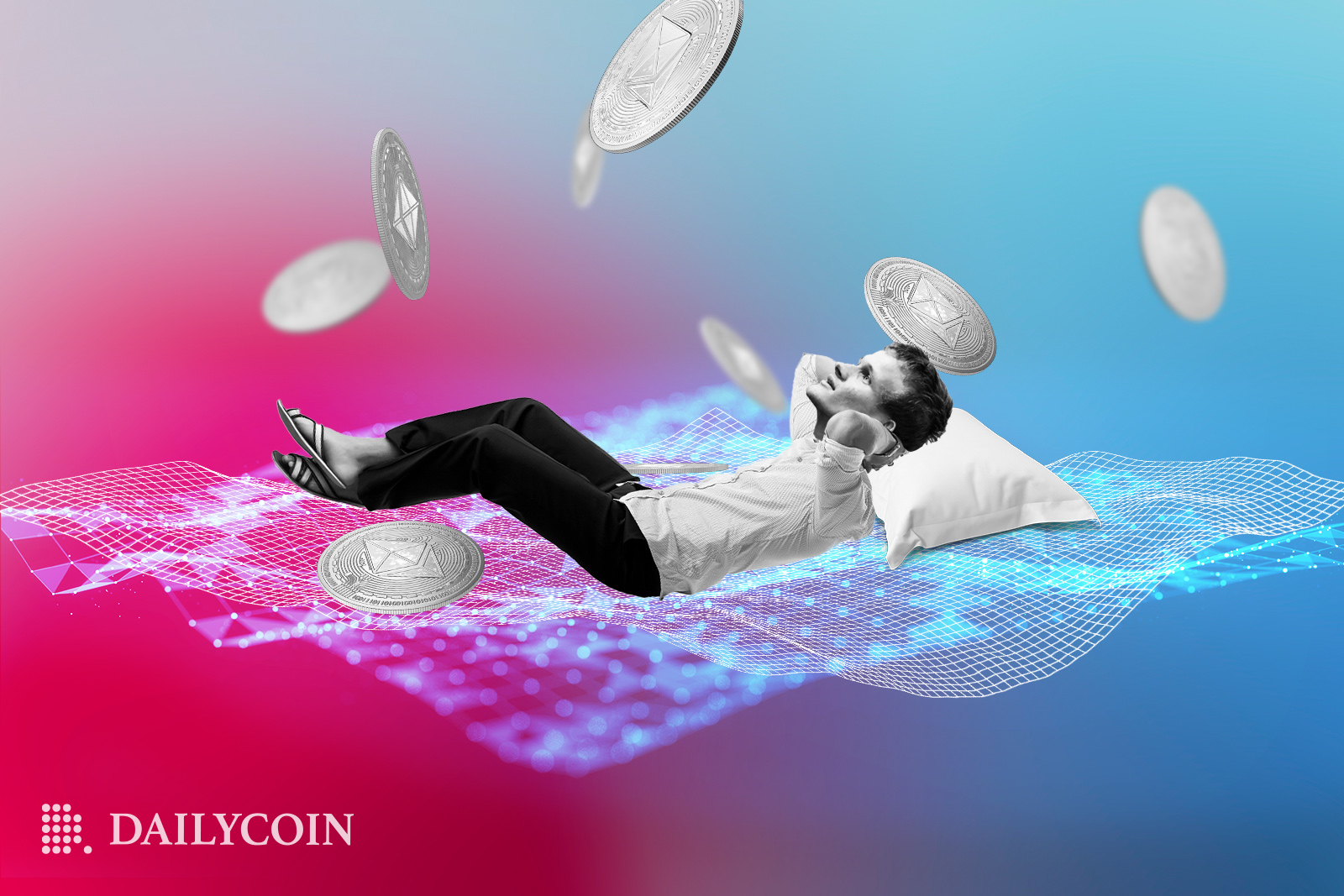 Vitalik Buterin laying down on a pillow with coins floating around him