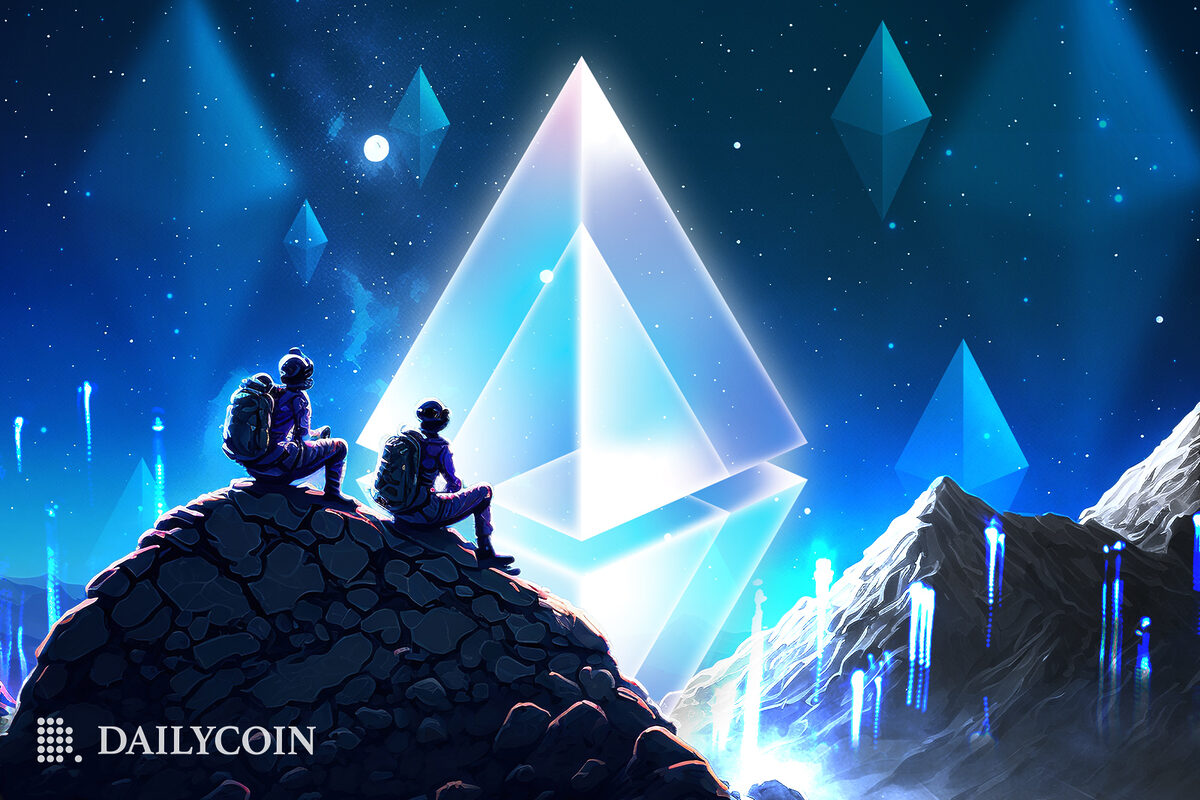 Two hikers sitting on top of the mountain at night staring at a giant glass Ethereum logo.