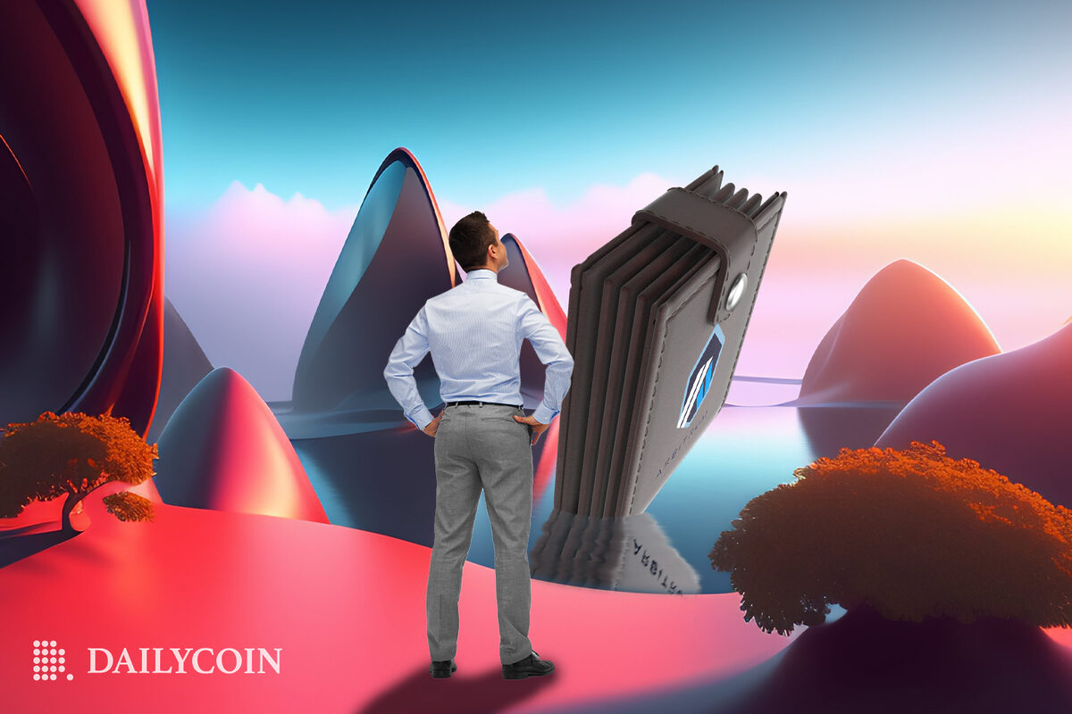 A man standing in a fantasy land looking at a giant wallet.