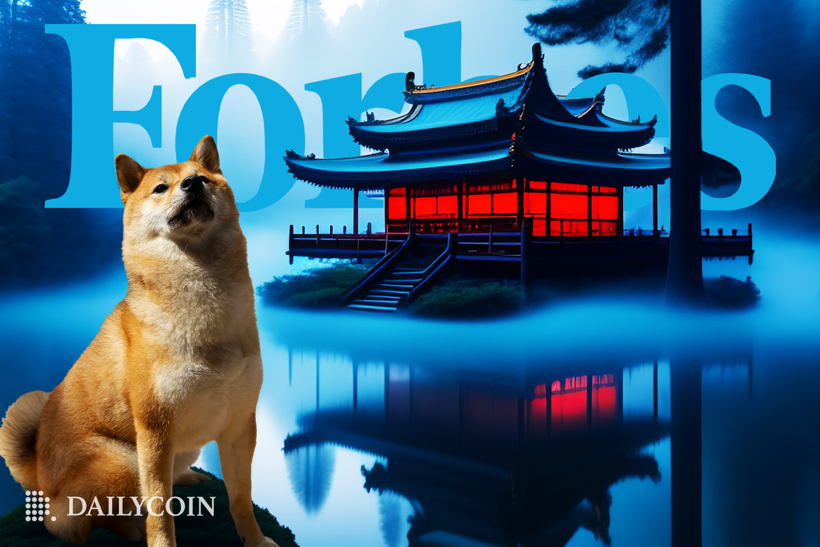 Proud Shiba Inu dog in a blue background with the WAGMI Temple shining red light on a Forbes magazine cover.