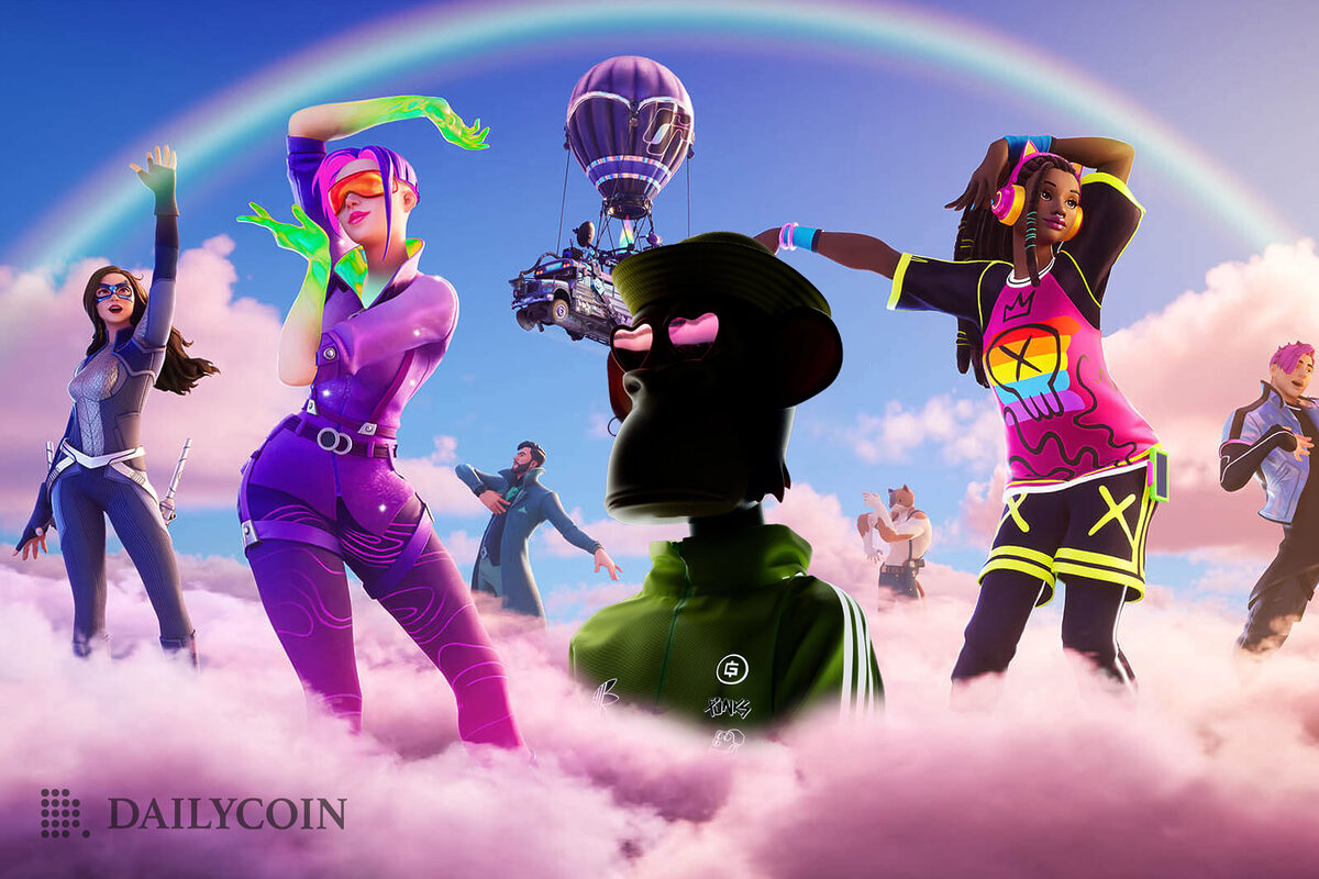 Fortnite characters dancing on clouds with a BAYC NFT Game Character.