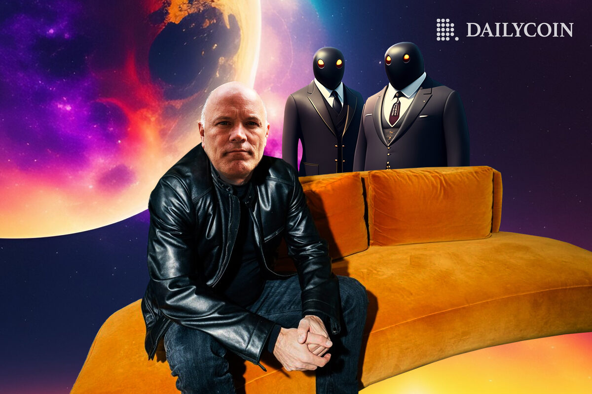 Mike Novogratz sitting on a yellow couch in front of AI robots with suits.
