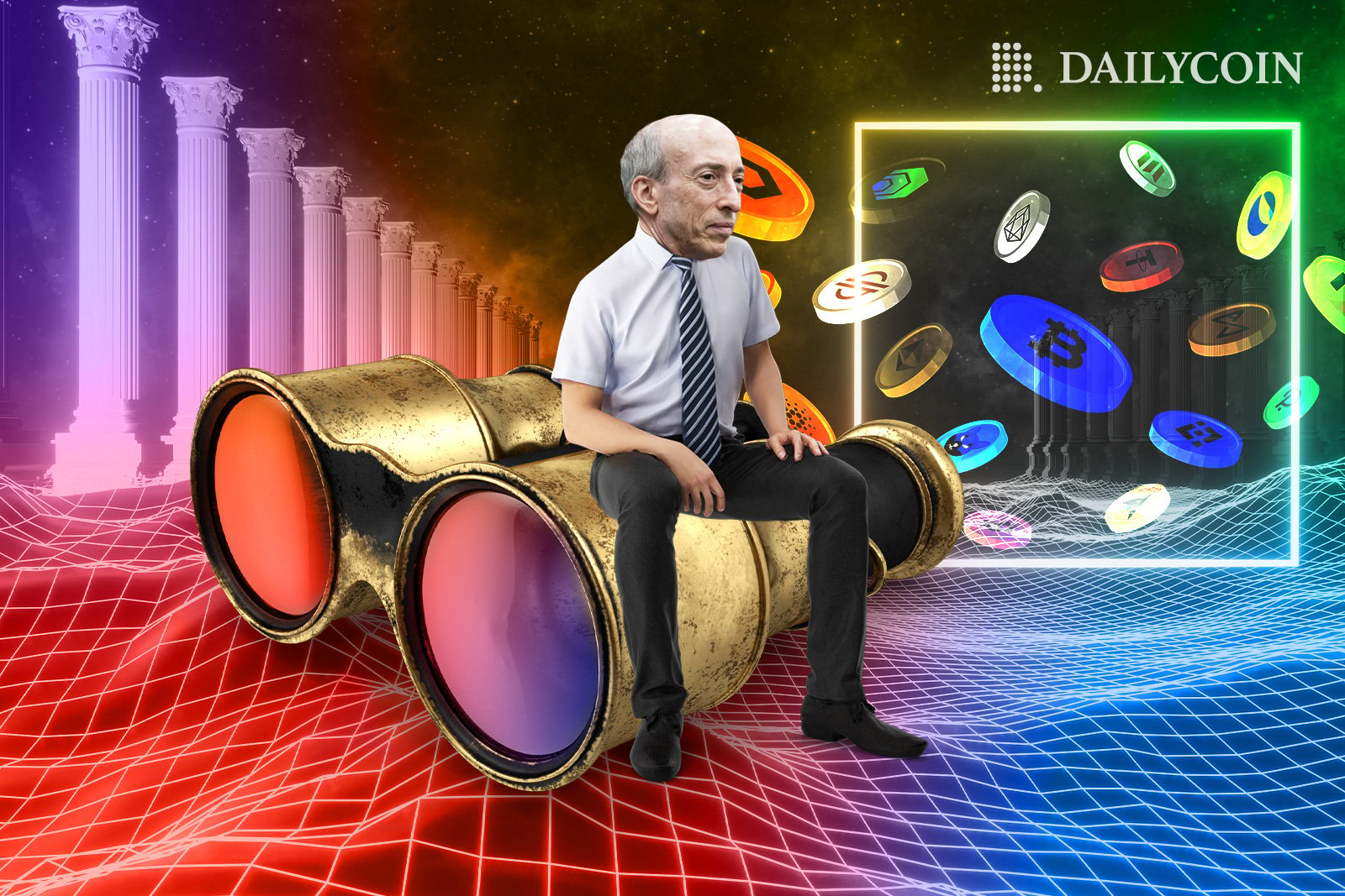 Gary Gensler sitting on giant binoculars inside of virtual world in front of flying crypto tokens.