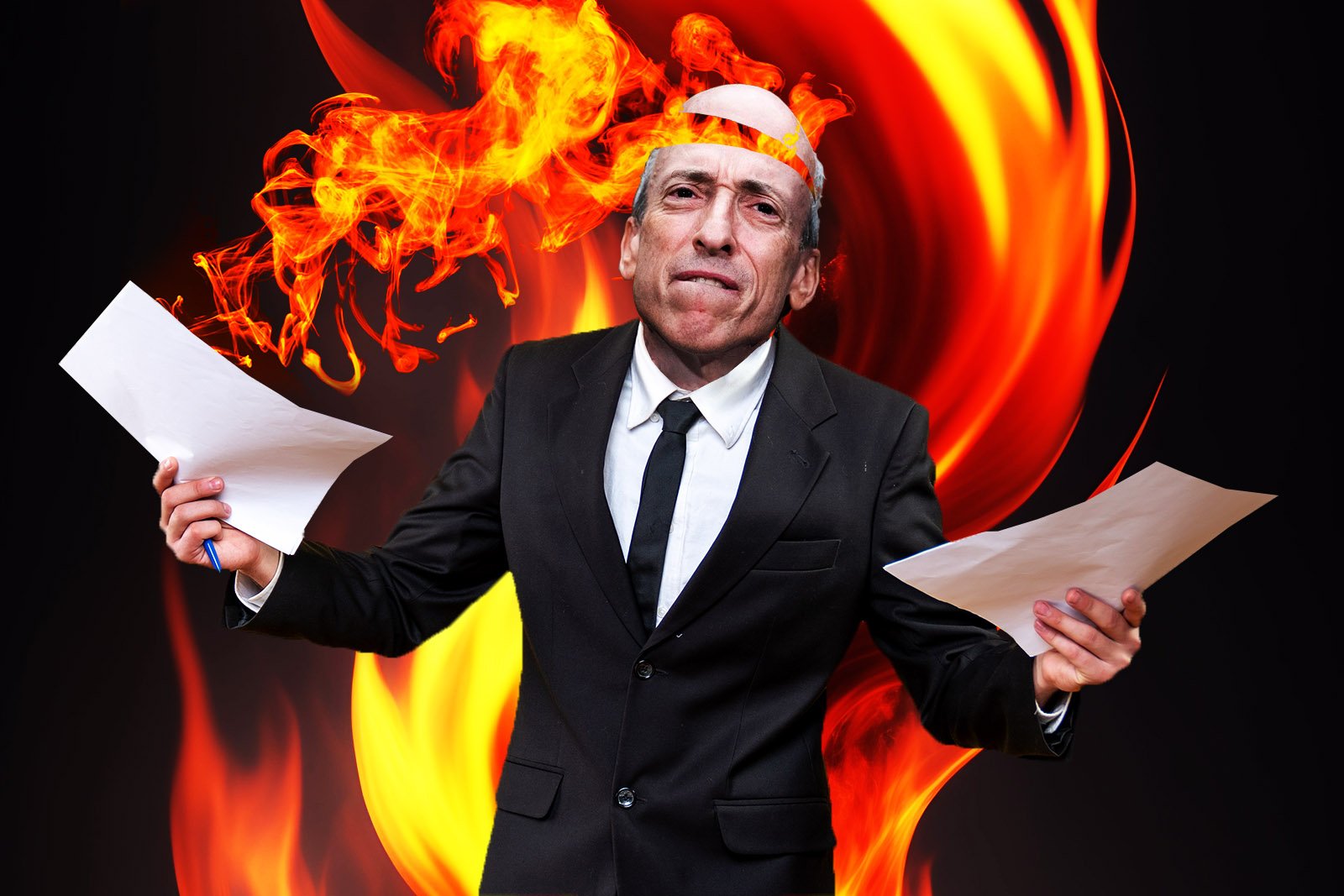 Angry Gary Gensler holding two pieces of paper in front of burning fire.