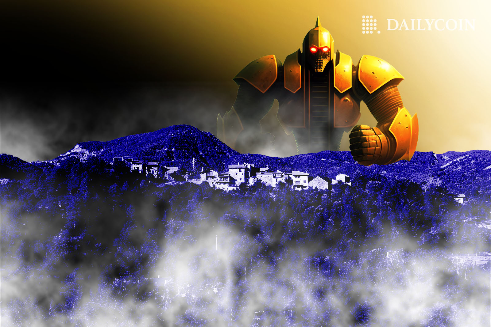 Giant yellow robot coming over the forested hill.