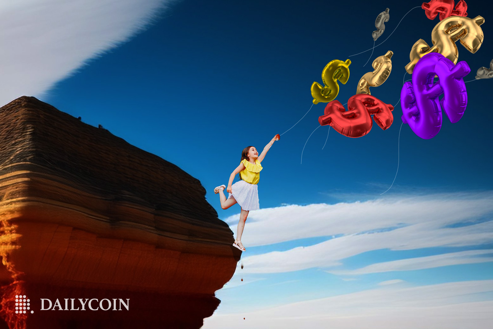 A woman flying off a cliff holding colorful dollar sign balloons.
