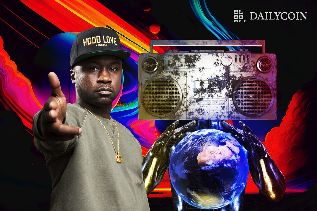 Havoc of Mobb Deep in a colourful metaverse background with a rusty silver boombox on top of robot's head holding the globe.