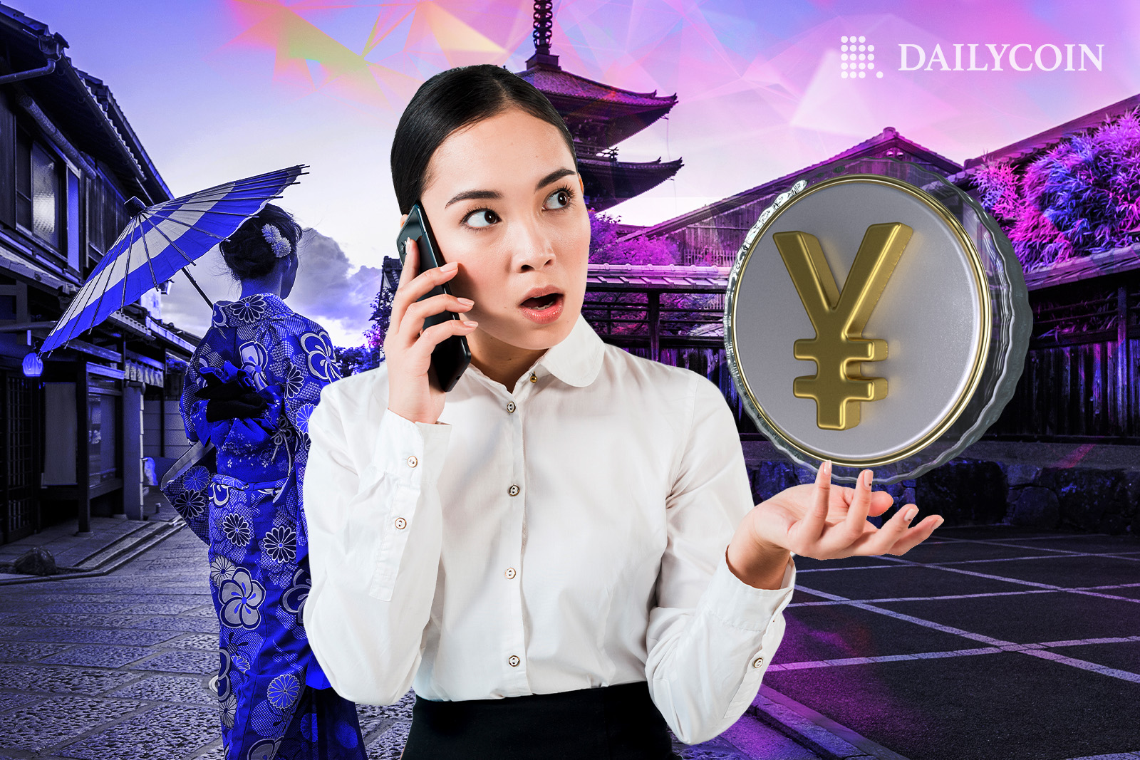 A woman in Japan on a phone holding a digital Yen coin.