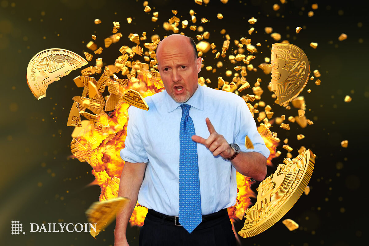 Jim Cramer points the finger at Bitcoin as a golden BTC coin explodes in the background.