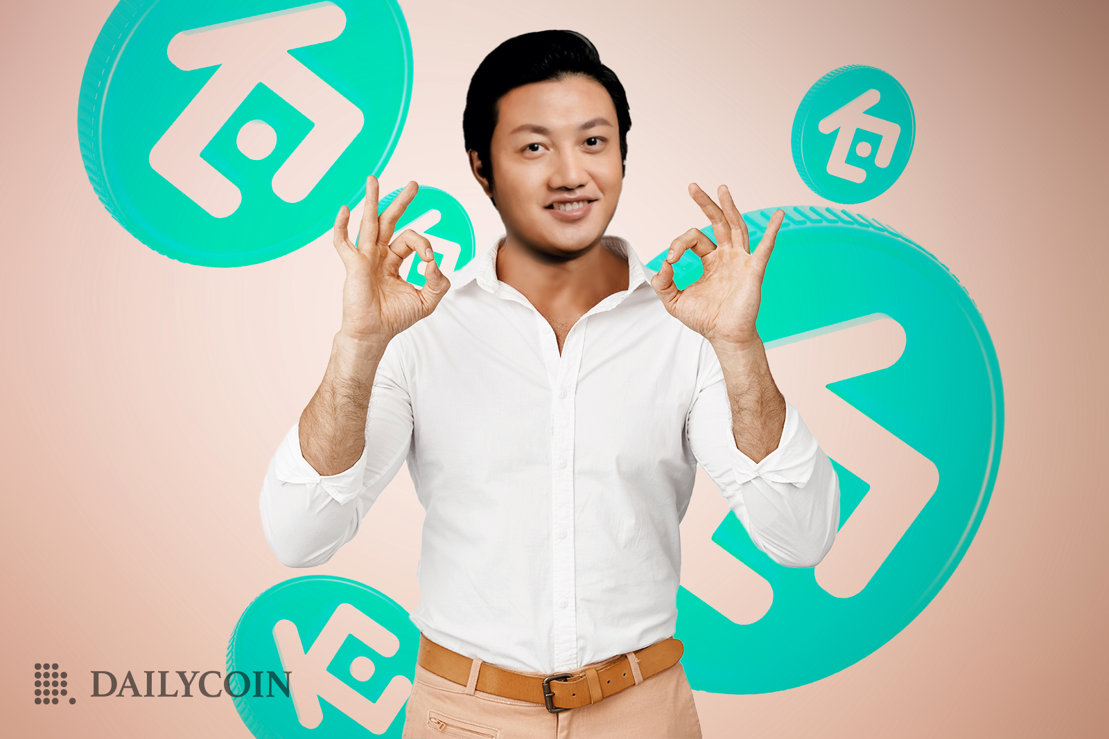 Johnny Lyu showing ok sign in front of KuCoin logo.