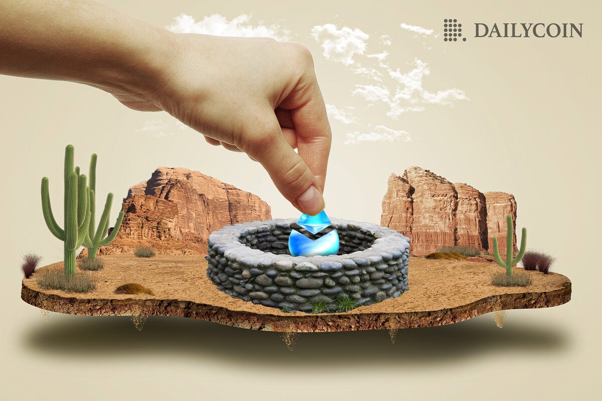 A giant hand inserting lido token in to the well in a desert surrounded by cacti and mountains.
