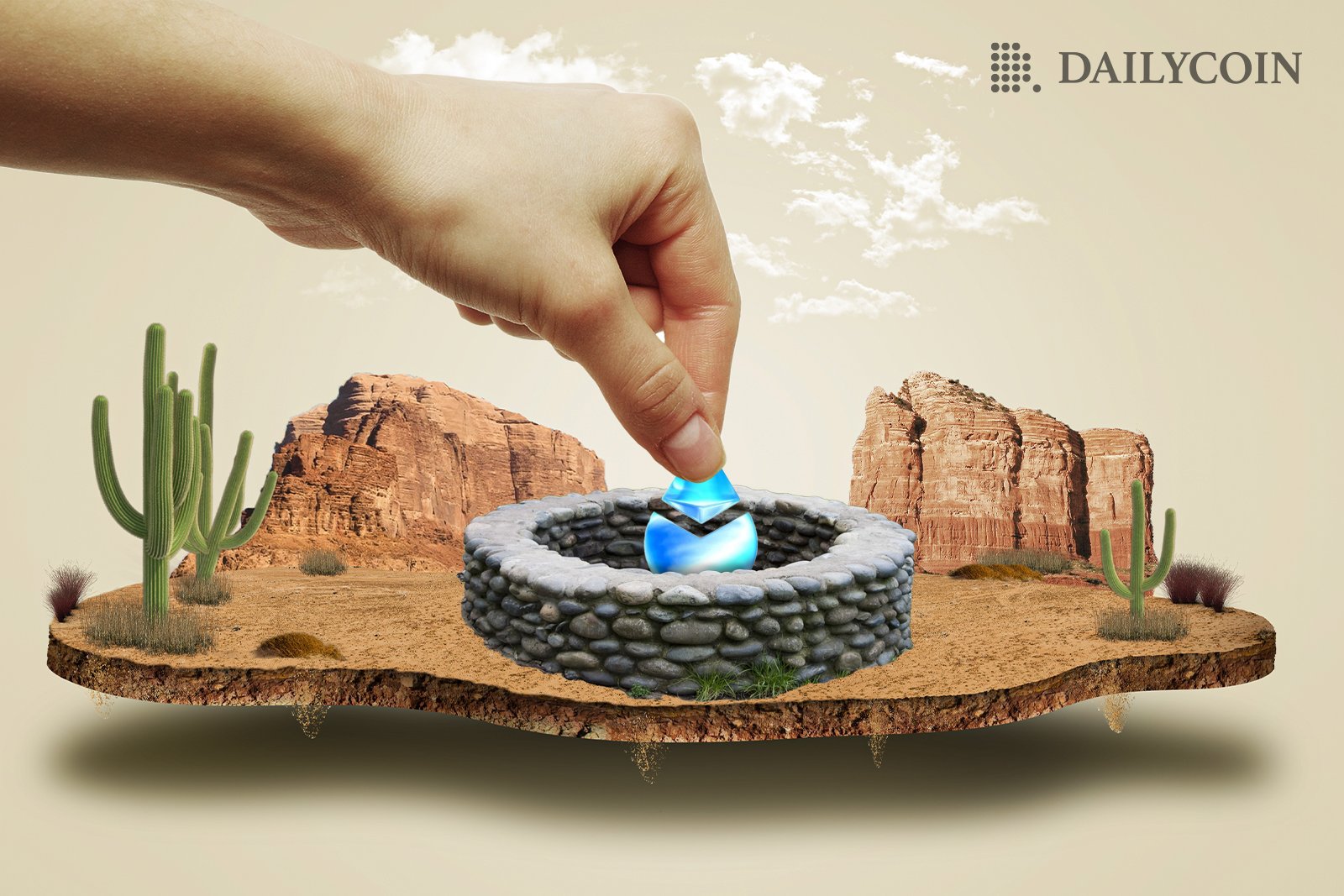 A giant hand inserting lido token in to the well in a desert surrounded by cacti and mountains.