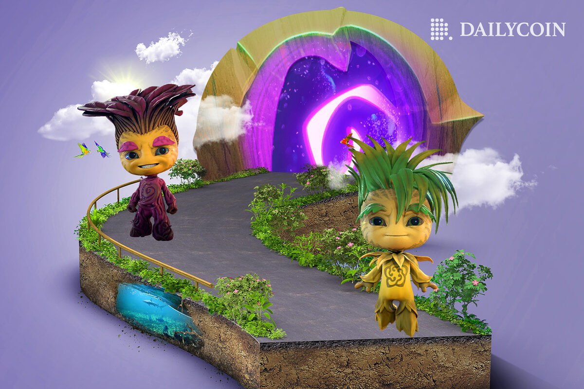 Magic Eden Mint Madness NFTs from Planet Mojo on floating highway leading towards purple portal.