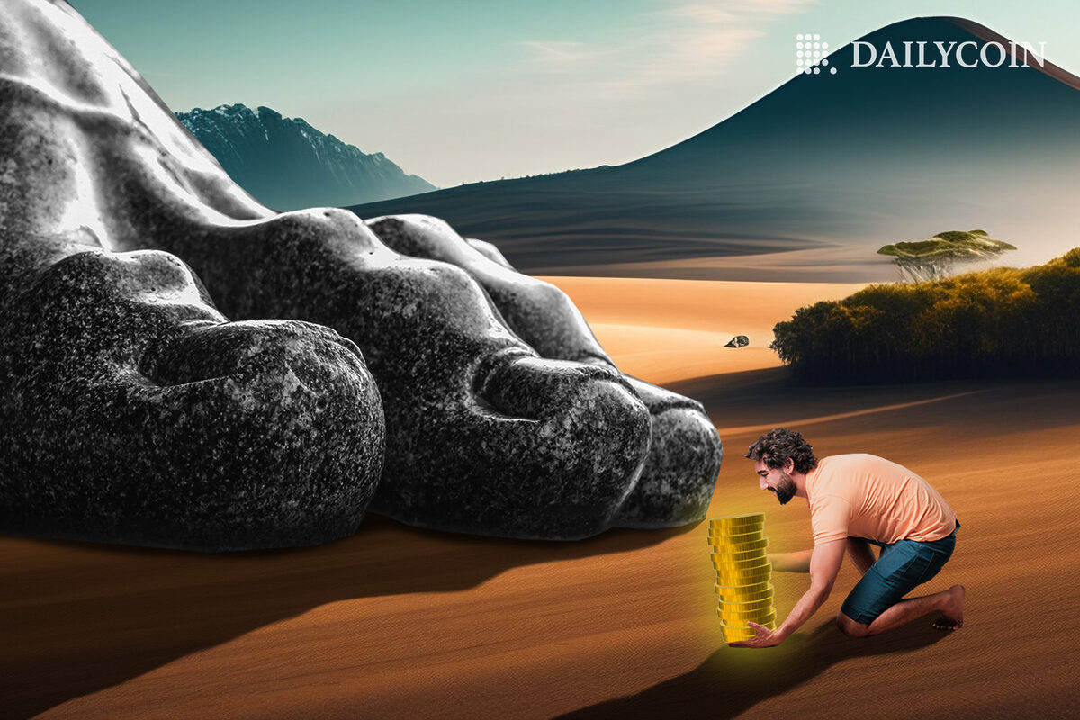 Man offering coins to a giant feet in a desert.