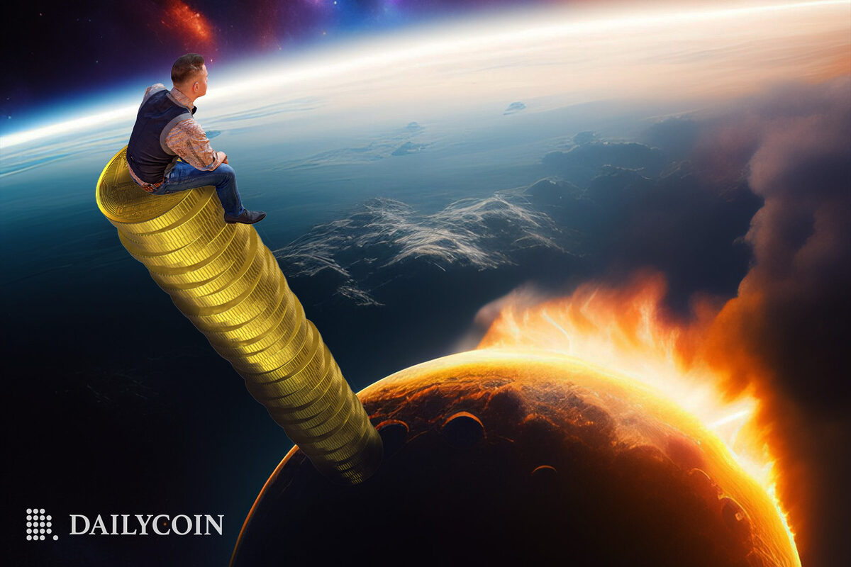 Man sitting on a pile of crypto coins, while the world is burning, representing a banking crash.