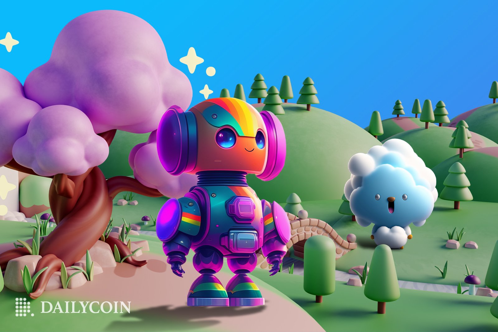 Animated purple robot character in the metaverse.