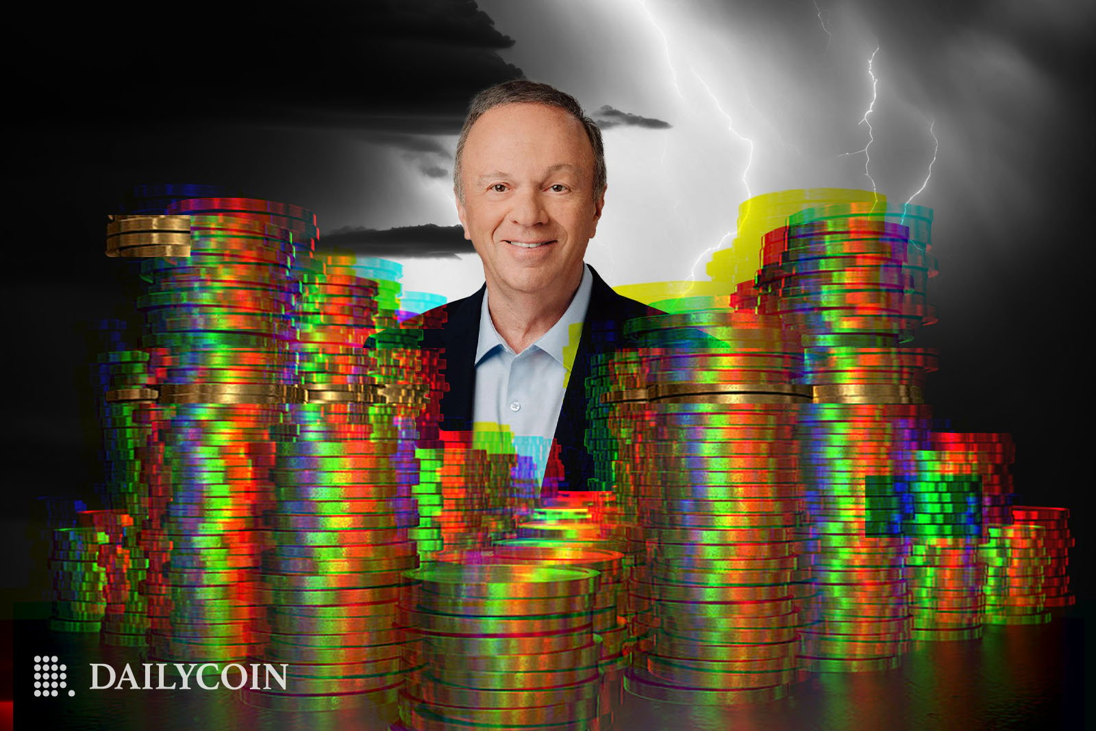 Nvidia CTO Michael Kagan standing behind a huge stack of coins in a thunderstorm.