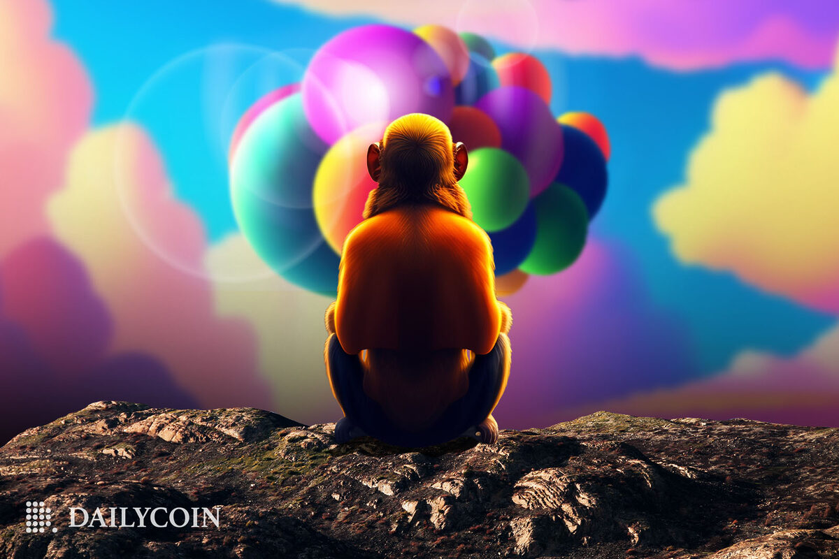 Bored ape sitting on a cliff looking at rainbow coloured balloons in the bright blue sky.
