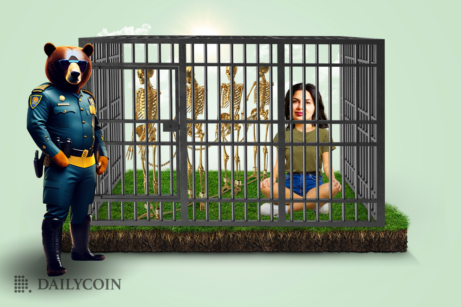 Cryptoqueen sits in a cage guarded by police bear