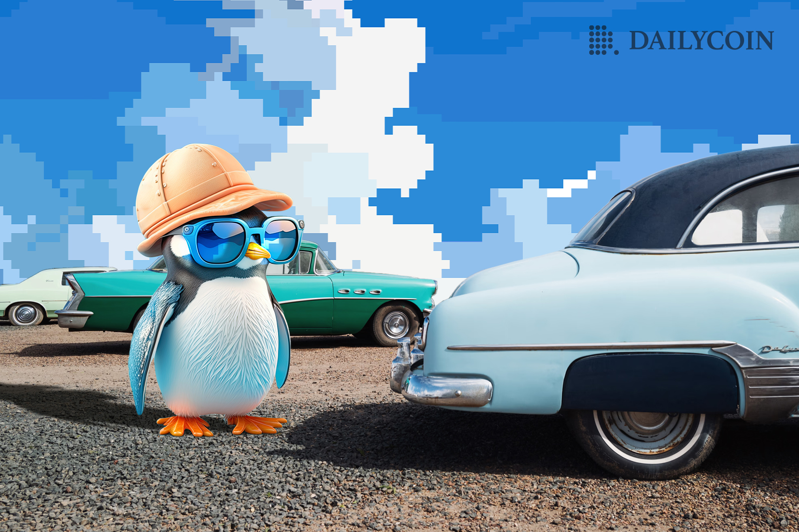Small NFT penguin wearing sunglasses and a cap standing at a parking lot.