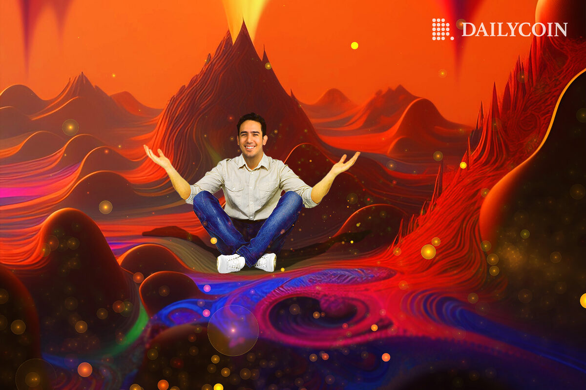 Forbes 30 under 30 Norman Wooding, CEO of Scrypt, meditates and smiles in front of active vulcano.
