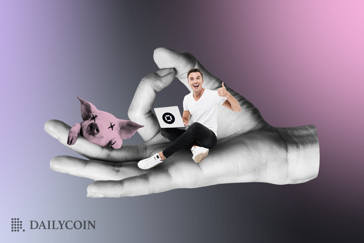 a man with a laptop with an OKCoin logo sitting in a hand holding a Ok gesture with a pig hanging from the middle finger
