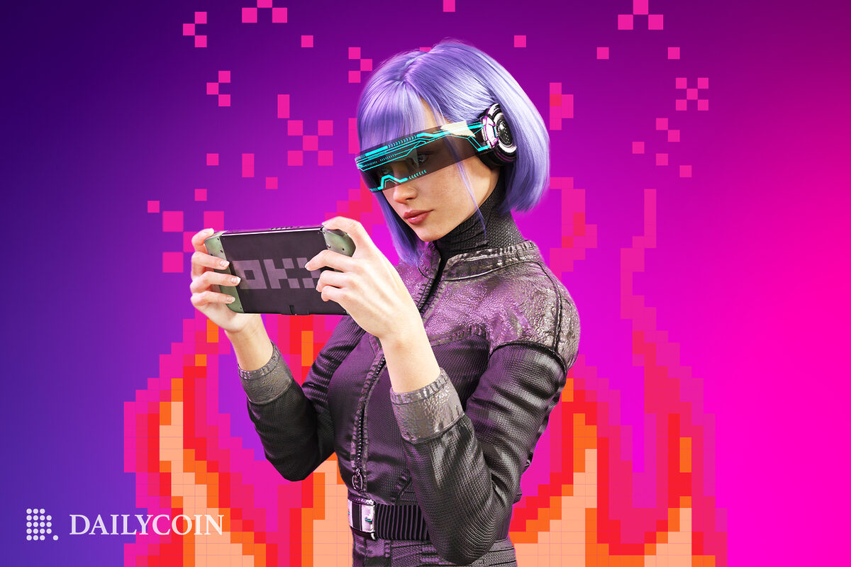 A girl with purple hair wearing futuristic headset looking at OKX phone.