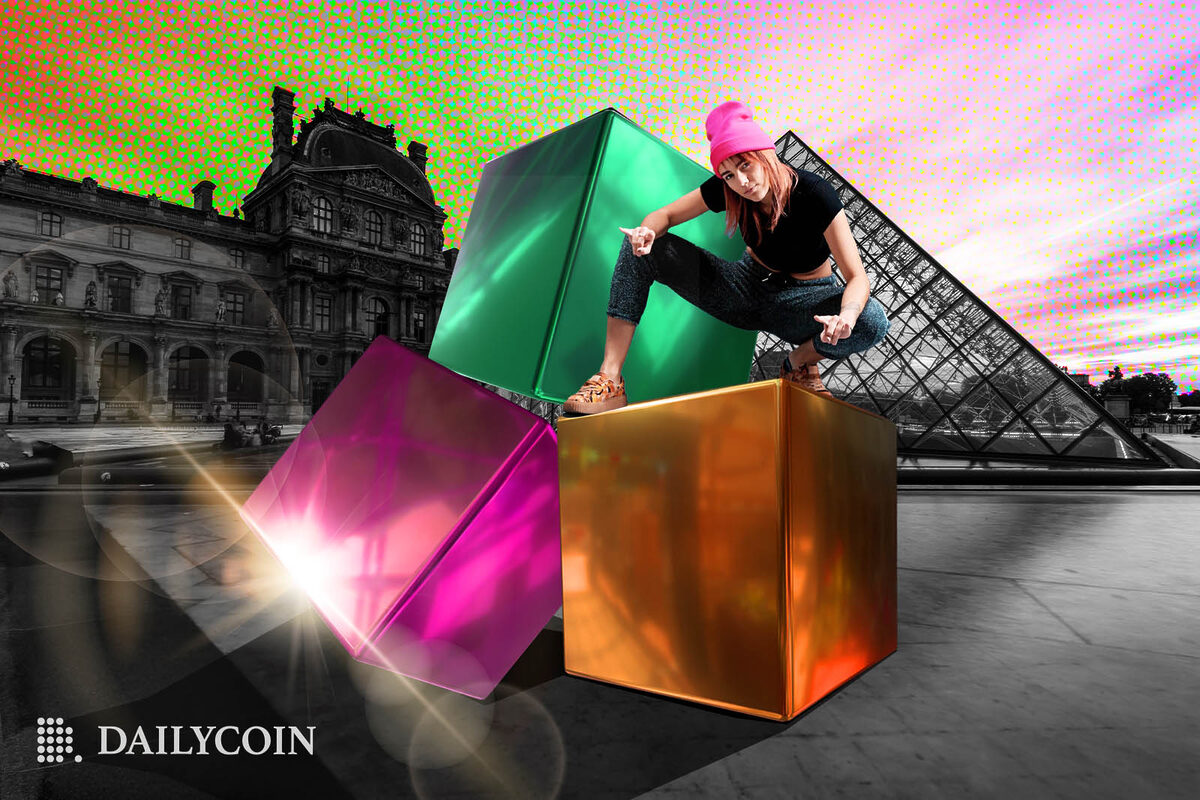 Woman squatting on a pile of blocks at the Louvre, where Paris Blockchain Week took place.