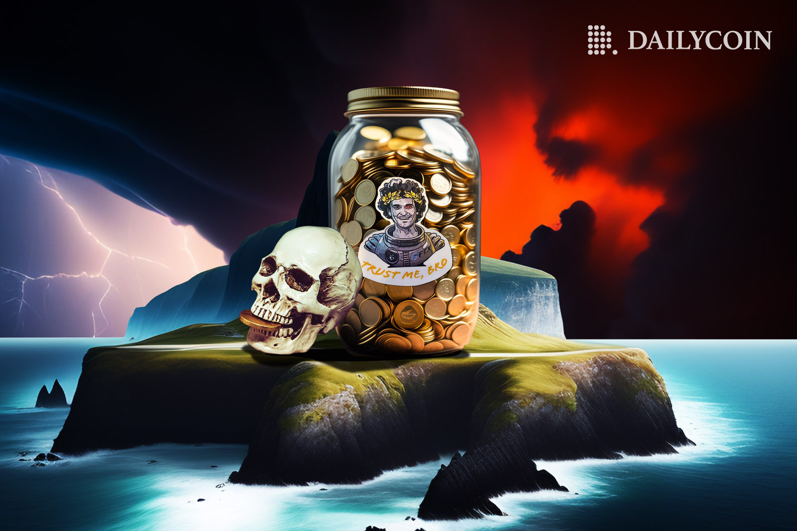 Jar full of crypto coins with SBF's image on it saying "trust me bro" next to skull on island.