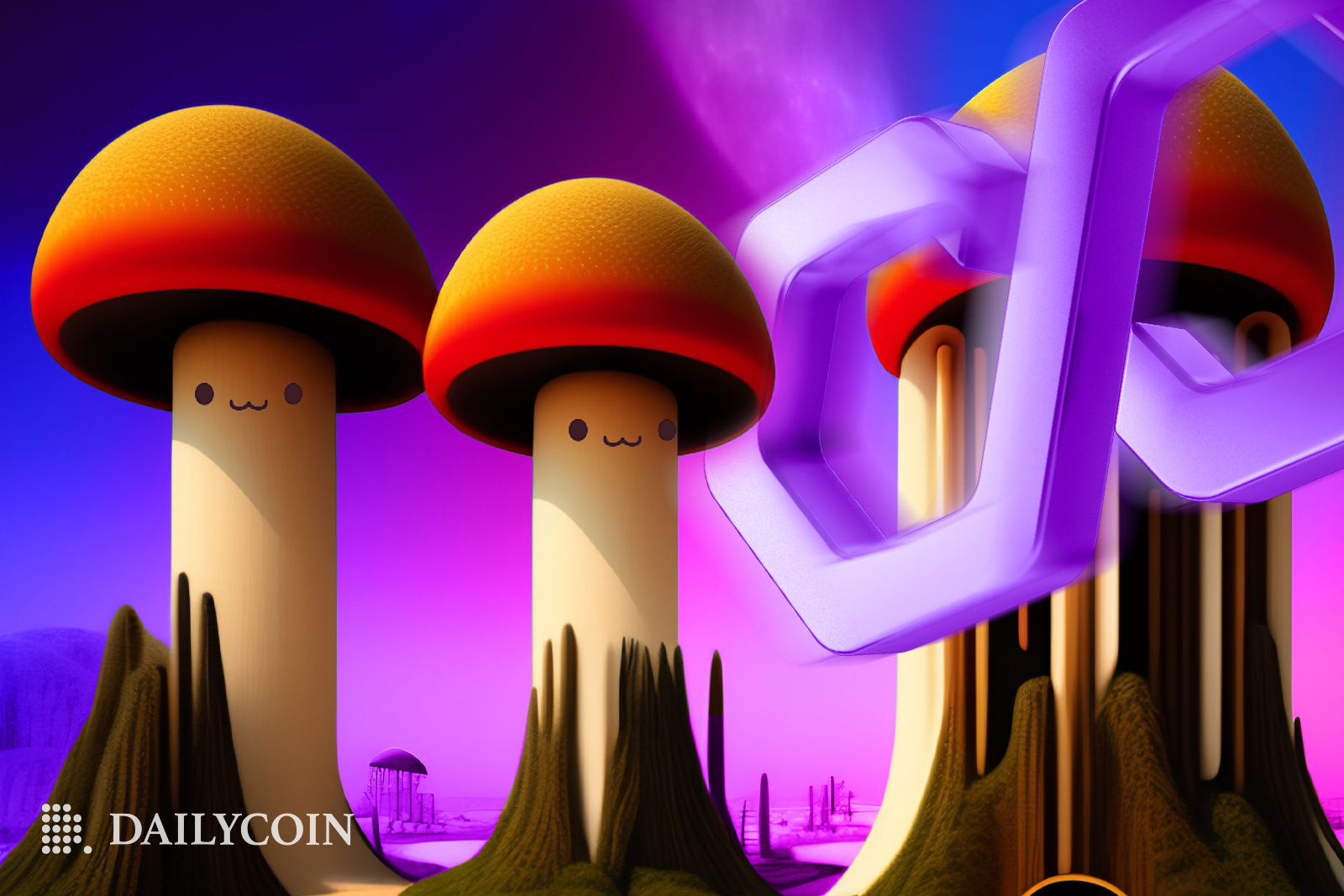 Cartoon mushroom growing alongside Polygon.