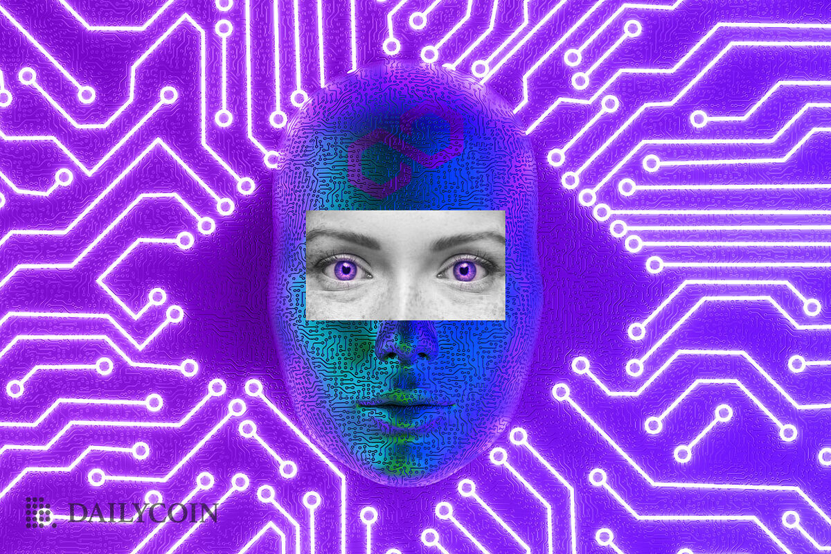 A female robot face with purple eyes inside the network.