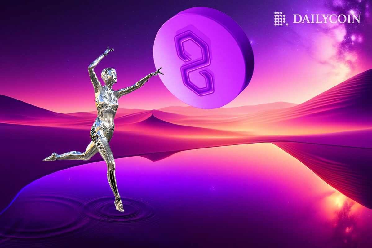 A robot dancing on purple water next to a floating Polygon token.