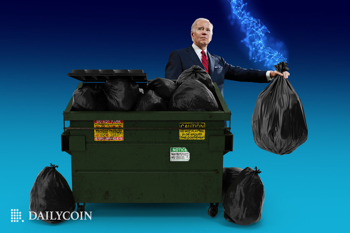 President Biden taking out trash with cryptocurrency.