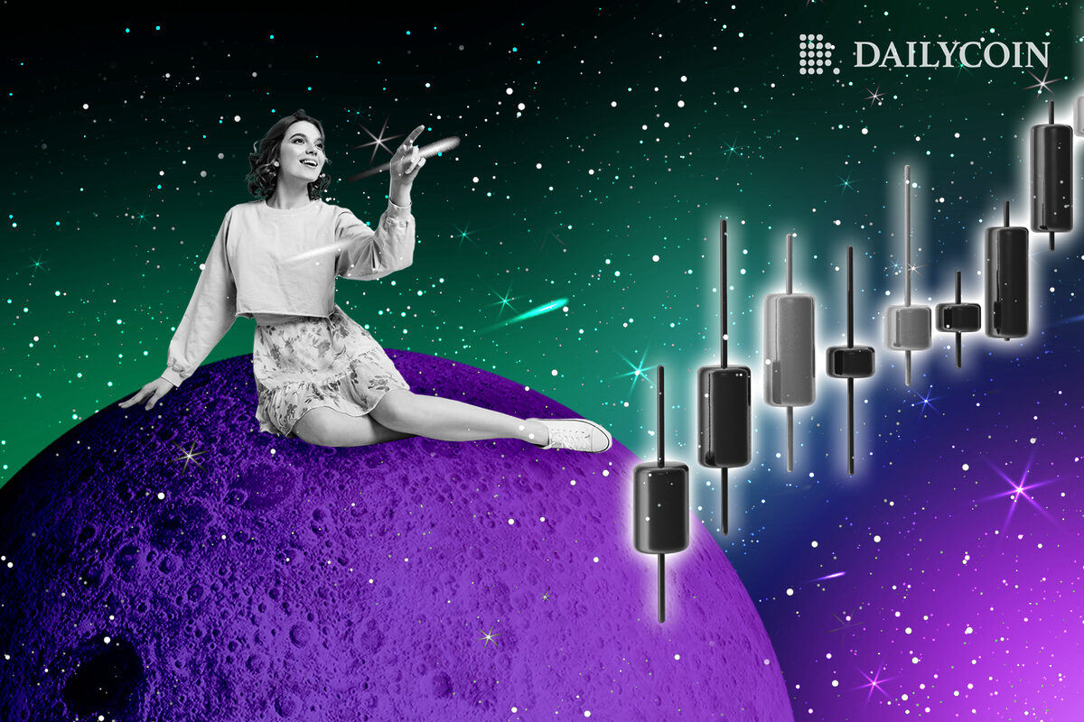A woman sitting on the moon gazing at an upward trending price chart