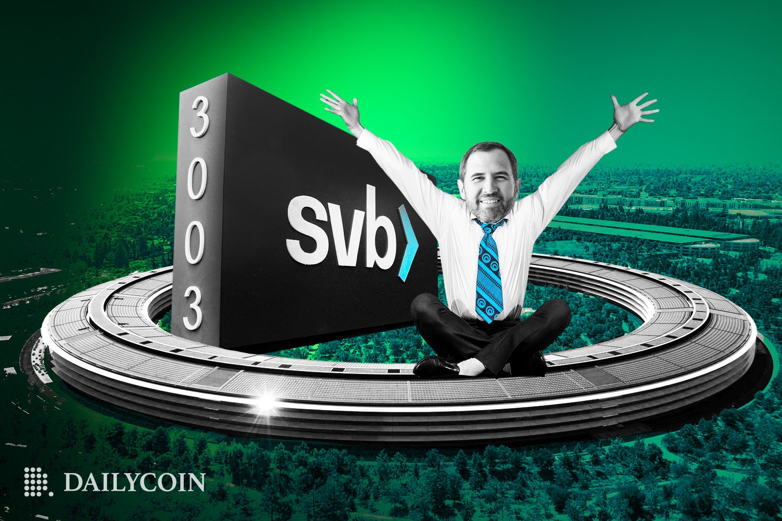 Brad Garlinghouse smiling while sitting cross legged with his hands in the air, in front of the Silicon Valley Bank sign