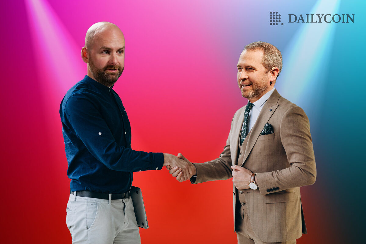 Messari CEO Ryan Selkis and Ripple CEO Brad Garlinghouse shaking hands as a sign of showing support.