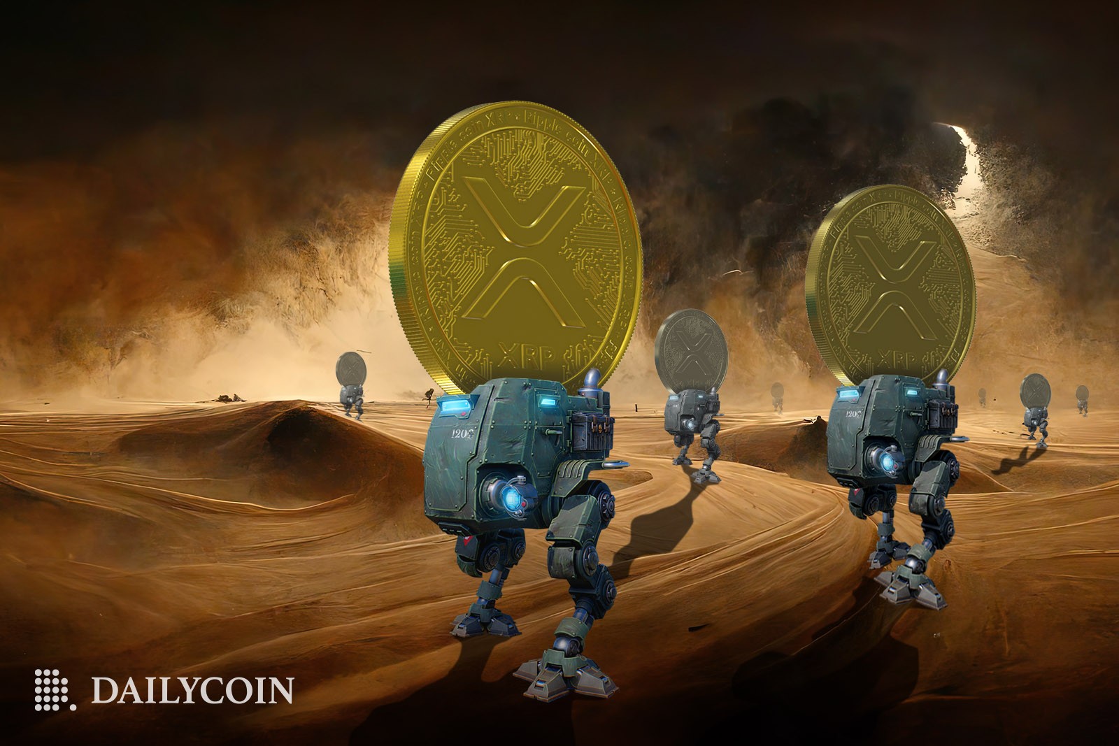 Robots transporting Ripples XRP tokens across the desert with a sandstorm brewing on the horizon. 