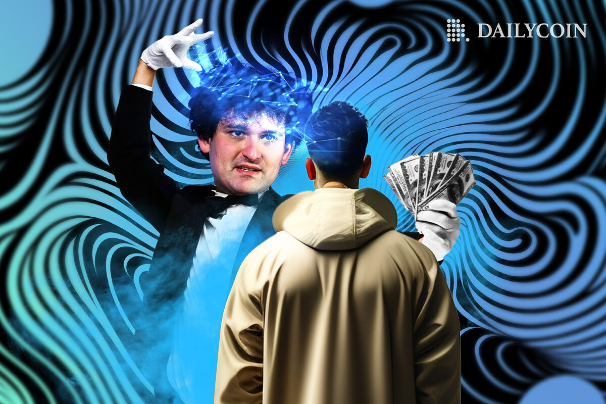 Sam Bankman Fried holds cash and puts a spell on a man.