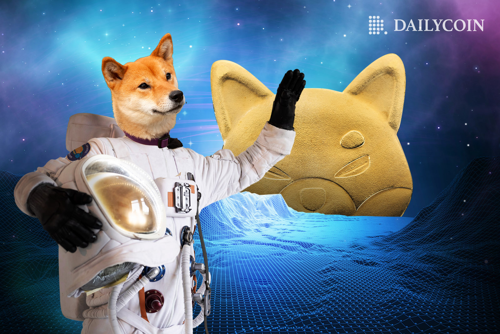 Shiba Inu astronaut in a space suit greeting fans on the launch of Shibarium.