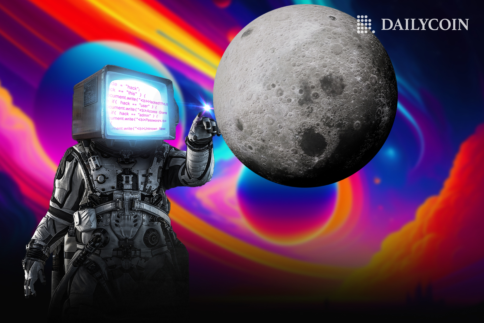 A robot with a TV instead of a head touches the moon