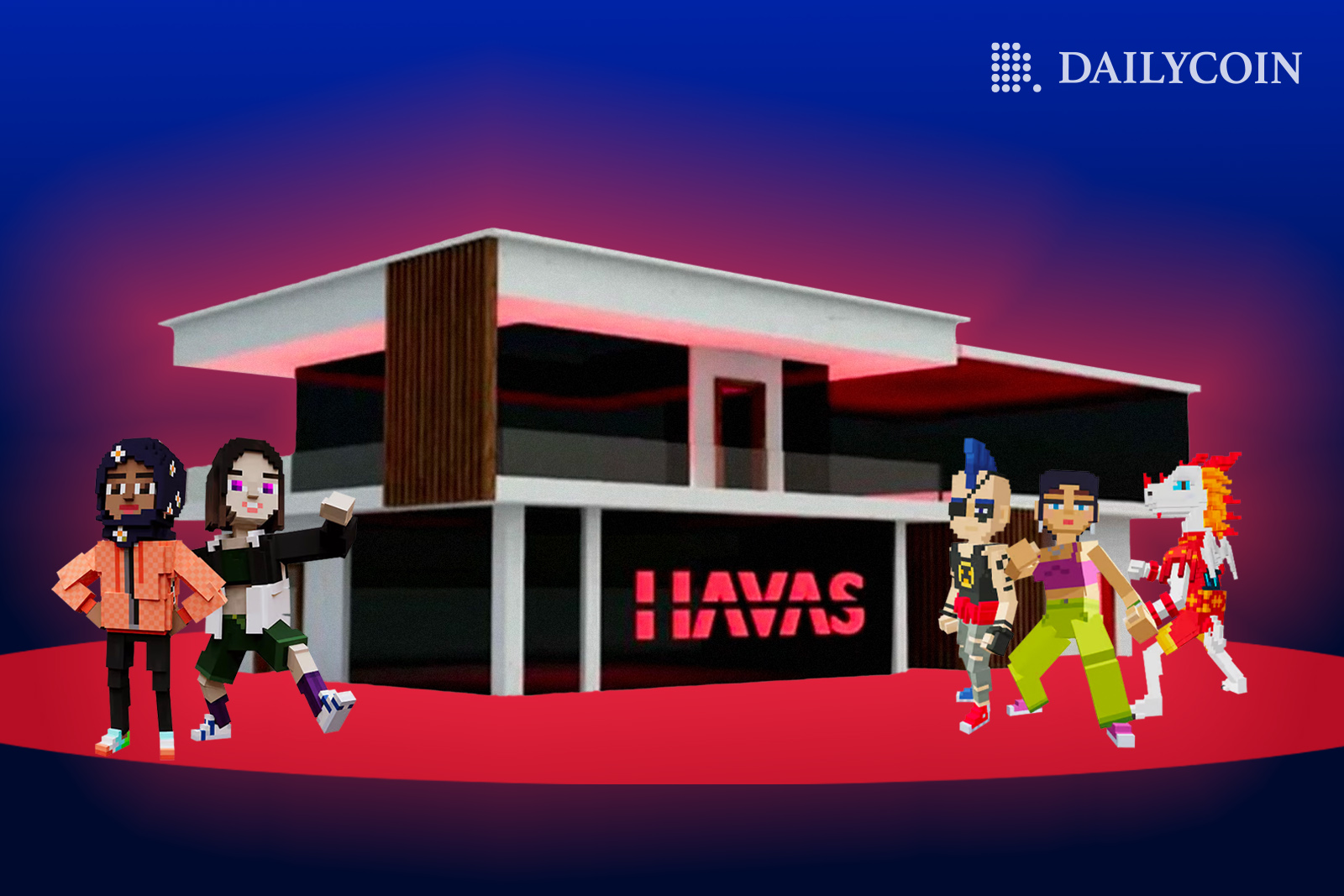 The Sandbox avatars in front of Havas virtual village.
