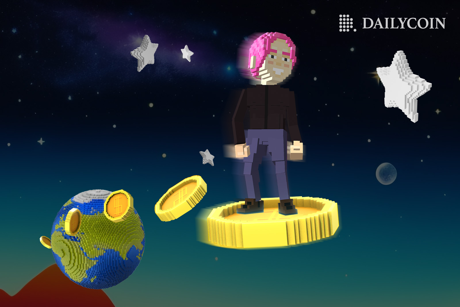 Metaverse avatar riding a crypto coin in outer space.