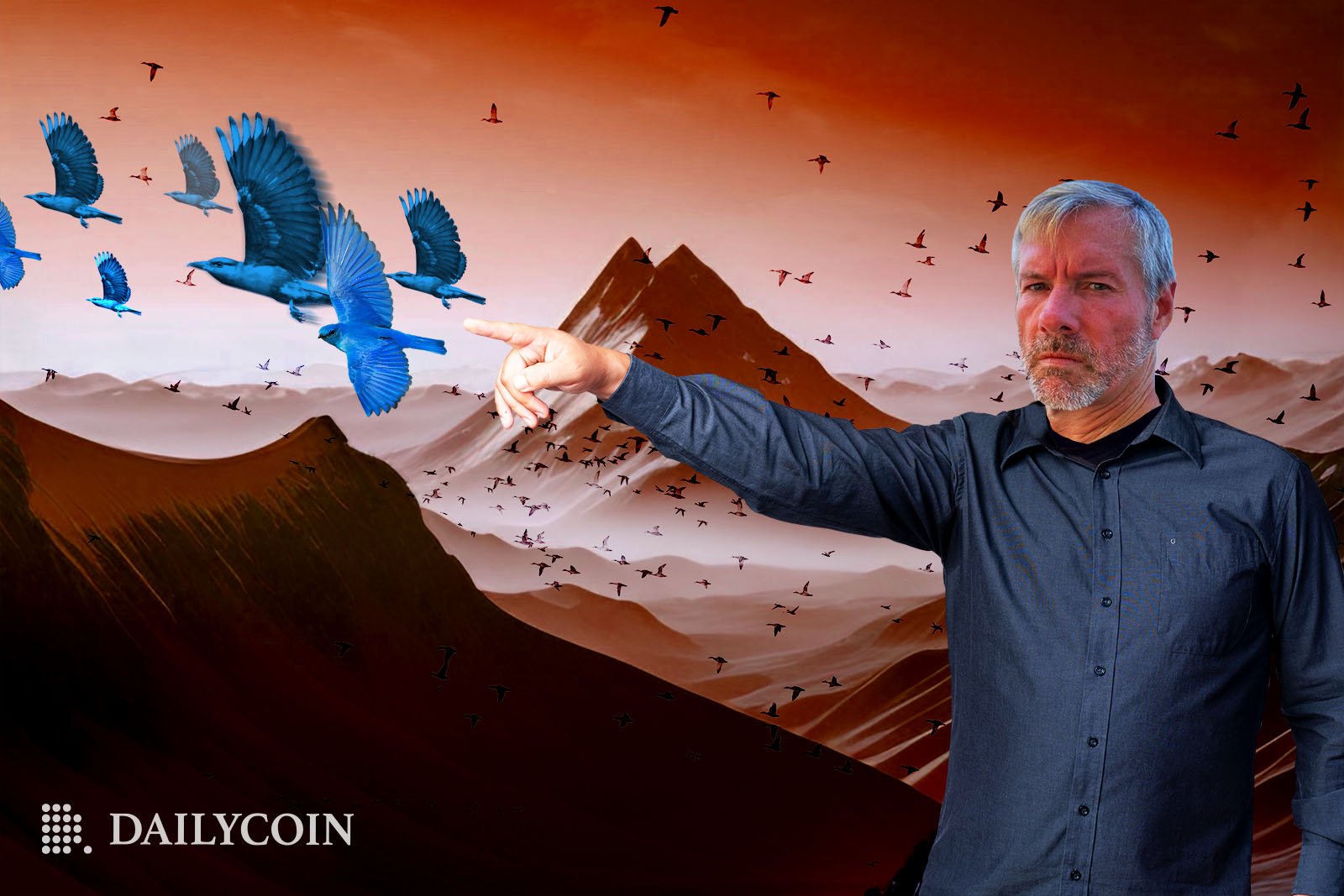 Bitcoin maximalist Michael Saylor pointing the finger at blue birds in a mountainous background.